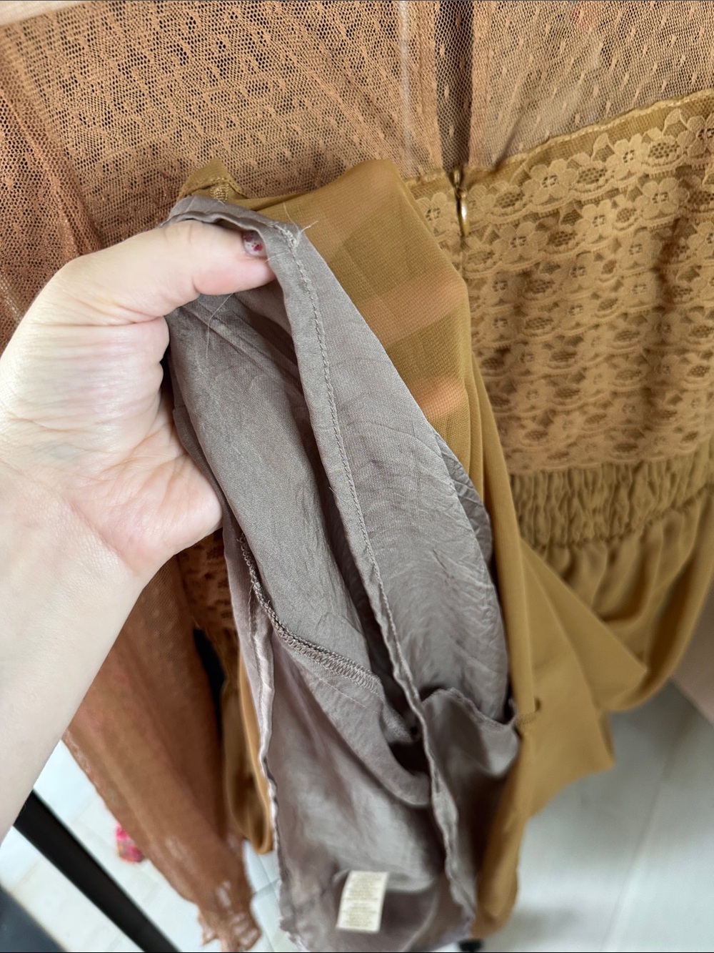 Free People Sheer Lace Bodice Long Sleeve Mini Dress in Camel - Picture 10 of 11